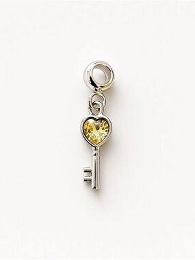 Silver Key Charm with Yellow Heart Crystal – Pandora Style